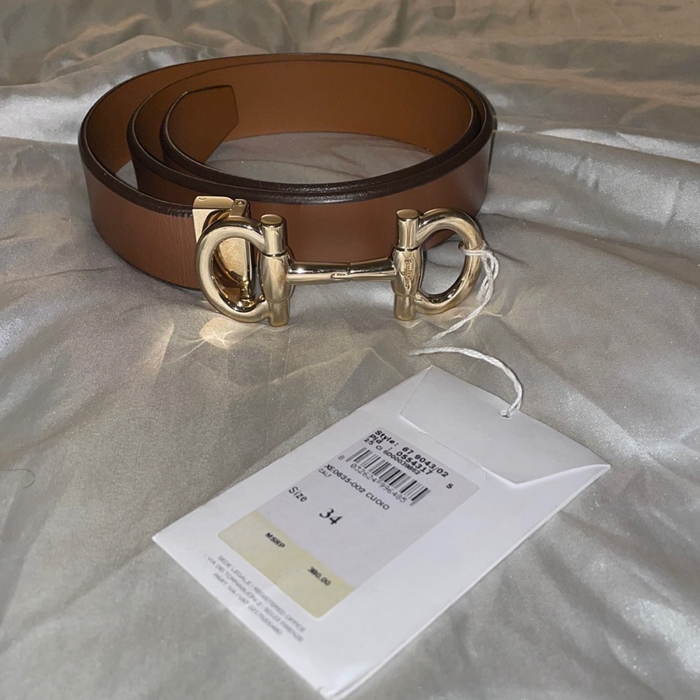Ferragamo Tan Belt w/ Gold Buckle Parigi Double Gancini Belt